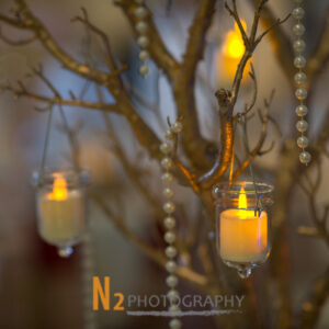 Cute candles hanging from a tree in our reception hall - Alegria Gardens
