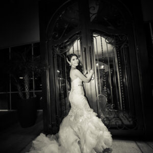 Photograph of the bride in black and white at our wedding venue - Alegria Gardens