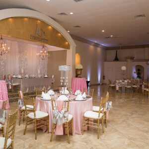 Reception area and head table at our wedding venue - Alegria Gardens