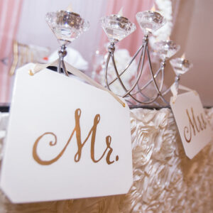 Mr. and Mrs. signs at our wedding hall - Alegria Gardens