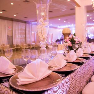 Table and centerpiece at our wedding venue - Alegria Gardens