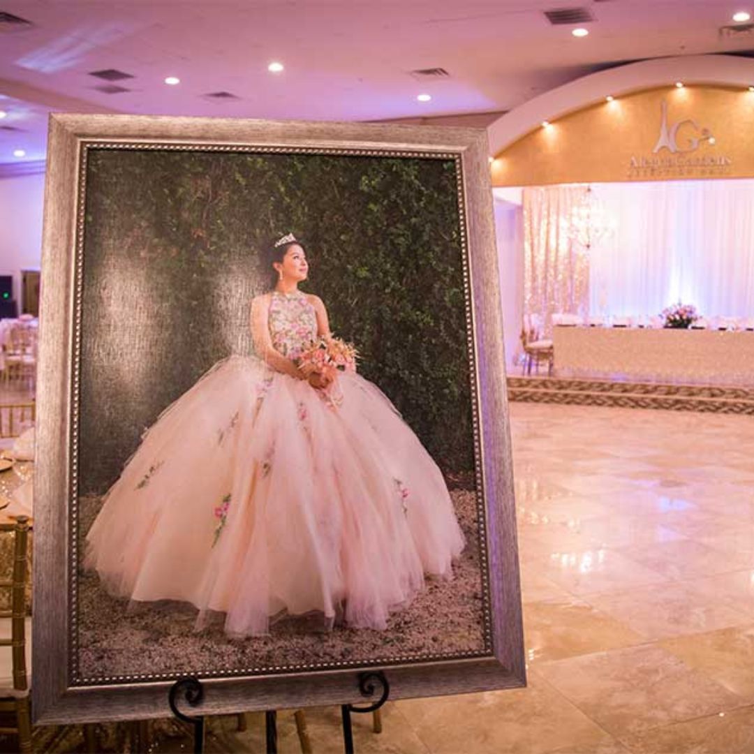 Quinceañera with picture of a girl in her Quinceañera dress