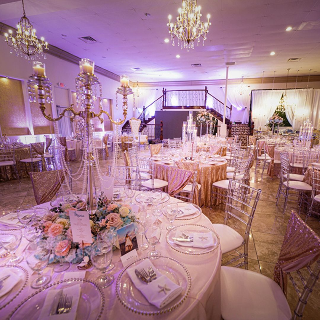 chandeliers and candle center pieces at a wedding