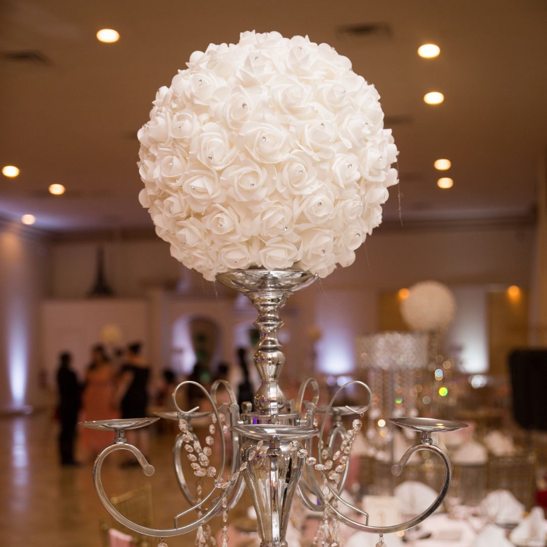closeup of table setting flower arrangement